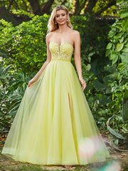 A-Line Strapless Sheer Boned Bodice Tulle Dress with Slit Daffodil