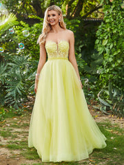 A-Line Strapless Sheer Boned Bodice Tulle Dress with Slit Daffodil