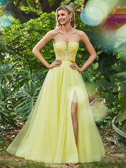 A-Line Strapless Sheer Boned Bodice Tulle Dress with Slit Daffodil