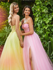 A-Line Strapless Sheer Boned Bodice Tulle Dress with Slit Daffodil