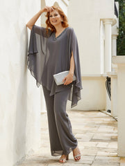 Elegant Chiffon Pant Suit with Beaded Accents Steel Grey