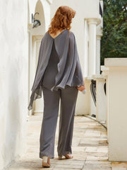 Elegant Chiffon Pant Suit with Beaded Accents Steel Grey
