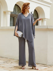 Elegant Chiffon Pant Suit with Beaded Accents Steel Grey