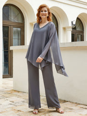 Elegant Chiffon Pant Suit with Beaded Accents Steel Grey