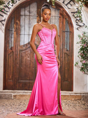Spaghetti Straps Sheath Stretch Satin Long Dresses With Slit Azalea