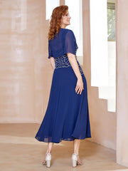 Square Neckline Beaded Chiffon A-line Dress Navy Blue