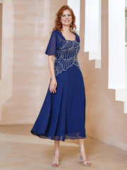 Square Neckline Beaded Chiffon A-line Dress Navy Blue