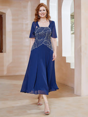 Square Neckline Beaded Chiffon A-line Dress Navy Blue