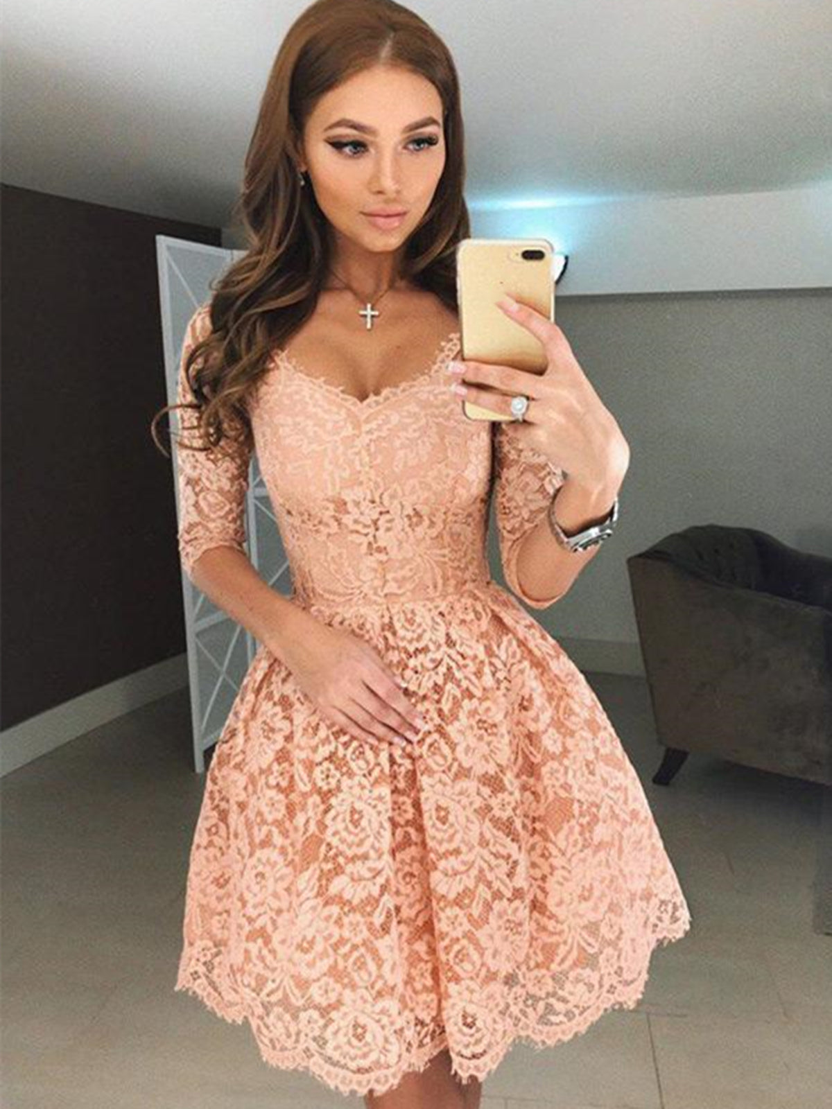 Half Sleeves Short Champagne Lace Prom Dresses, Short Champagne Lace Formal Homecoming Dresses