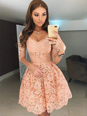 Half Sleeves Short Champagne Lace Prom Dresses, Short Champagne Lace Formal Homecoming Dresses