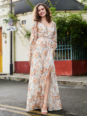 Plunging V-neck Floor-length Dress With Slit Sunset Floral