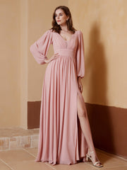 Plunging V-neck Floor-length Dress With Slit Dusty Rose