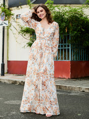 Plunging V-neck Floor-length Dress With Slit Sunset Floral