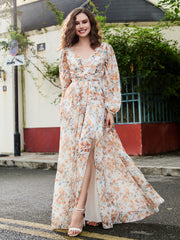 Plunging V-neck Floor-length Dress With Slit Sunset Floral