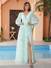 Plunging V-neck Floor-length Dress With Slit Minty Cloud