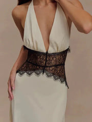 Charming Lace V-neck Prom Dress Sheath Halter-neck Evening Dress Long Formal Dress HZ1024