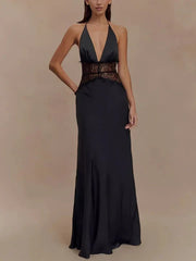 Charming Lace V-neck Prom Dress Sheath Halter-neck Evening Dress Long Formal Dress HZ1024