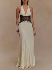 Charming Lace V-neck Prom Dress Sheath Halter-neck Evening Dress Long Formal Dress HZ1024
