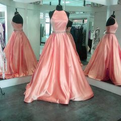 Halter Satin Prom Dresses Ball Gowns Beaded Sashes