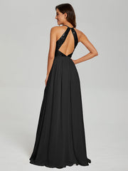 Halter A-Line Sequins Prom Dresses With Split