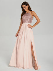 Halter A-Line Sequins Prom Dresses With Split
