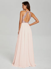 Halter A-Line Sequins Prom Dresses With Split