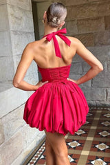Halter A-line Empire-Waist Sleeveless Pleated Satin Short Homecoming Dress