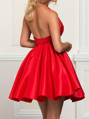 Halter A-line Homecoming Dresses Appliqued Satin Red Short Prom Gowns HD0160
