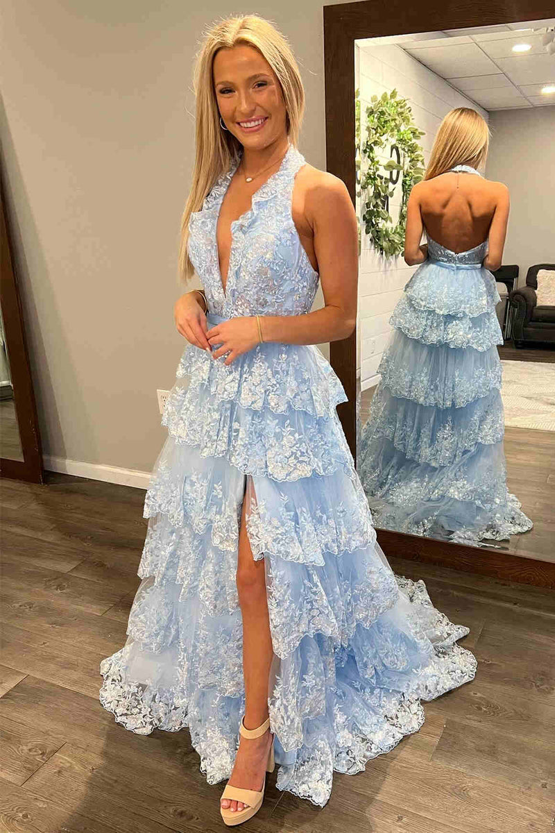 Halter Light Blue Long Prom Dresses Tiered Ruffle Appliques Formal Dress