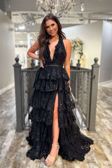 Halter Light Blue Long Prom Dresses Tiered Ruffle Appliques Formal Dress