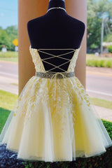 Halter Neck Backless Short Yellow Lace Prom Dress, Yellow Lace Formal Graduation Homecoming Dress