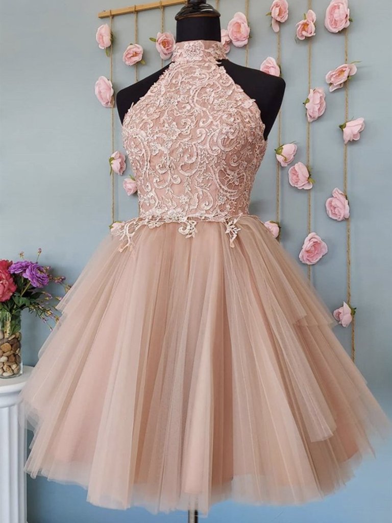 Champagne tulle lace short prom dress champagne homecoming dress