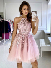 Halter Neck Short Lace Prom Dresses, Short Lace Formal Homecoming Graduation Dresses