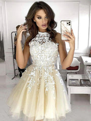 Halter Neck Short Lace Prom Dresses, Short Lace Formal Homecoming Graduation Dresses