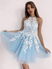 Halter Neck Short Lace Prom Dresses, Short Lace Formal Homecoming Graduation Dresses