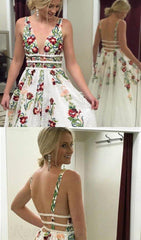 Charming V neck A Line Prom Dress with Embroidery, Open Back Evening Dress T1448
