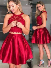 Halter Neck Two Pieces Short Red Lace Prom Dresses, 2 Pieces Short Red Lace Formal Homecoming Dresses