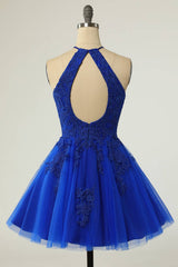 Halter Neckline Royal Blue Short Homecoming Dress with Appliques HD0190