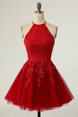 Halter Neckline Royal Blue Short Homecoming Dress with Appliques HD0190