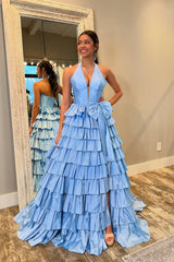 Halter V Neck Ruffle Blue Satin High Slit Long Prom Dress, V Neck Blue Formal Graduation Evening Dress