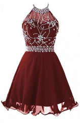 Halter Short Backless Chiffon Brown Homecoming Dress With Beading TP0006