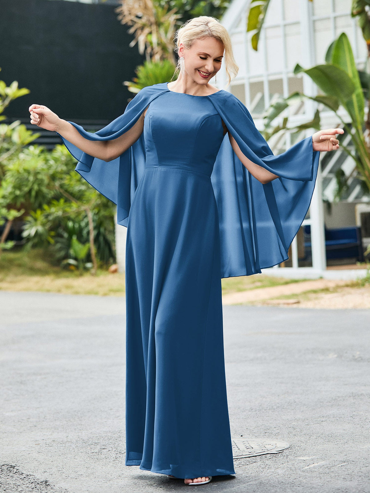 A-line Chiffon Dress with Cape Ink Blue
