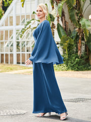 A-line Chiffon Dress with Cape Ink Blue