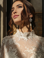 Handmade Satin Bridal Dress Hight Neck Maxi Wedding Dress Train Long Sleeves Lace Decorations Luxurious Wedding Dress High Neck
