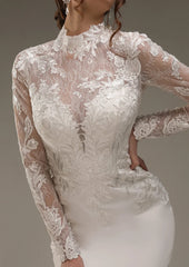 Handmade Satin Bridal Dress Hight Neck Maxi Wedding Dress Train Long Sleeves Lace Decorations Luxurious Wedding Dress High Neck