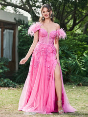 Off-the-Shoulder Lace Applique Side Slit A-Line Long Dress with Feathers Azalea