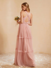 V-neck Pleated Ruffle Floor-length Tulle Dress Dusty Rose