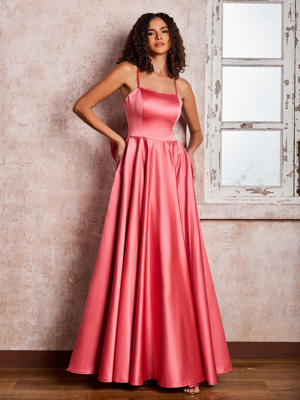 Square Neck Spaghetti Straps Satin Dresses with Bow Watermelon
