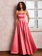 Square Neck Spaghetti Straps Satin Dresses with Bow Watermelon