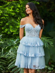 Sheer Corset Top Floral Tiered Short Prom Dress Sky Blue